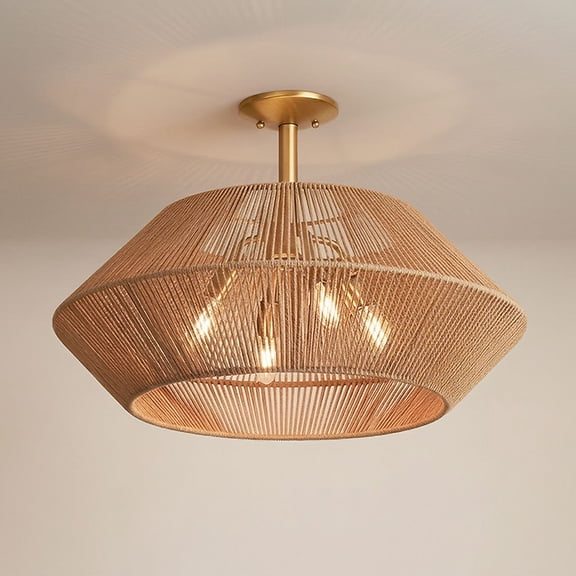 Possini Euro Design Pedro 24" Modern Coastal 4-Light Semi Flush-Mount Ceiling Light Fixture Kitchen Foyer Brass Finish Rattan