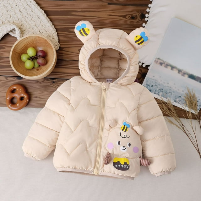 Chaqueta de plumón con estampado de osito de peluche para niños y niñas, otoño e invierno, para bebés y niños pequeños, ligera, de manga larga, con capucha, para exteriores, abrigo de poliéster para n