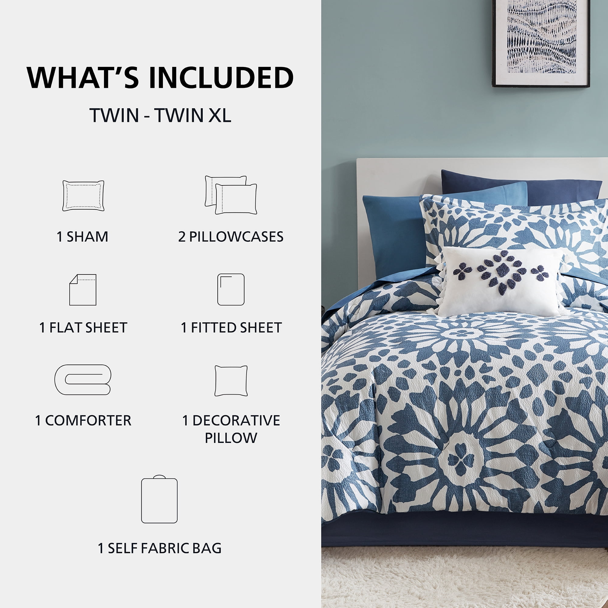 Mainstays 8-Piece Reversible Bed-in-a-Bag Comforter and Sheet Set, Twin/Twin-XL, Indigo Tile Print