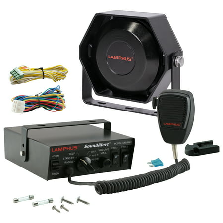 LAMPHUS SoundAlert Siren & Slim Speaker PA System [100W] [6 Modes] [Heavy Duty] [118-124dB] [Microphone] [Hands-Free] [Dual 20A Switches] Emergency Horn Sound System for Police Cars & Fire