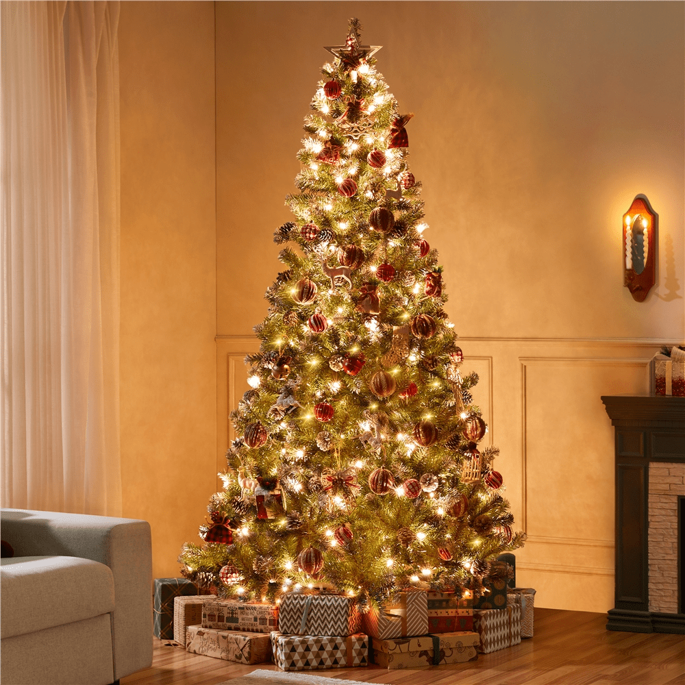 Alden Design 7.5 Ft Pre-lit Frosted Artificial Christmas Tree with Pinecones, Green