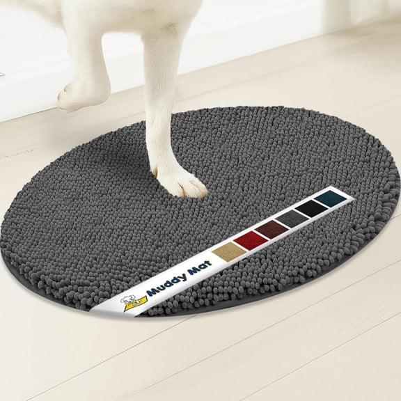 Muddy Mat® Shown on TV Super Absorbent Microfiber Dog Door Mat for Muddy Paws, Non-Slip Washable Pet Rug, Quick Dry Chenille Entryway Carpet, Machine Washable Indoor Outdoor Mat, Grey Oval 3ft x 5ft