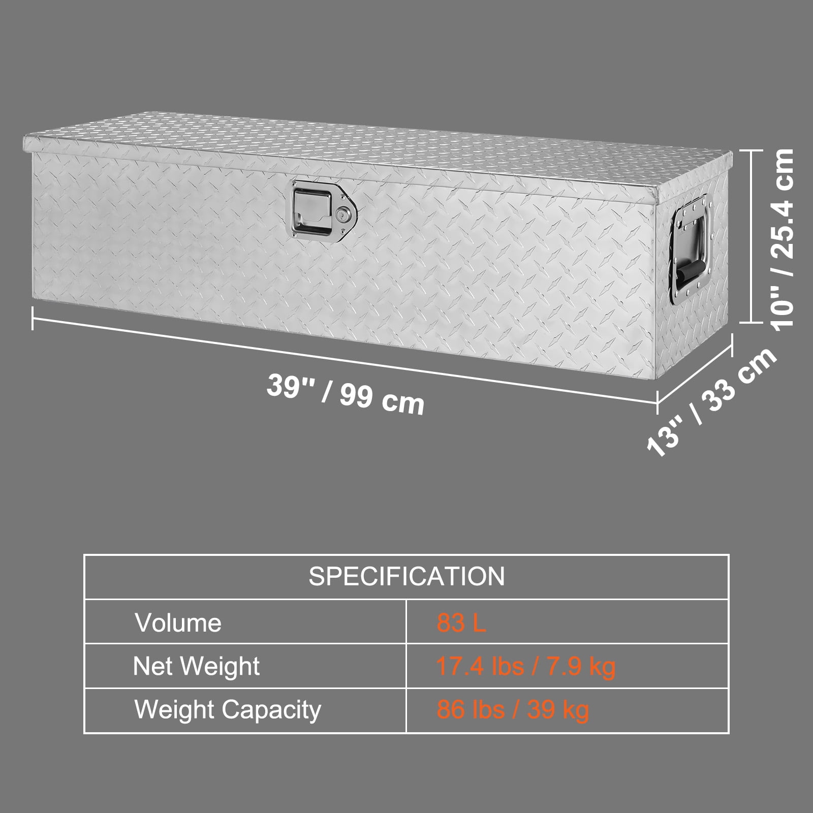 VEVOR Truck Tool Box 39"x13"x10" Heavy Duty Aluminum Bar Tread Tool Box for Pick Up Truck Bed