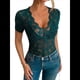 thumbnail image 3 of Blusa de para Mujer, de Corta, Cuello Redondo, Ajustada, con Encaje Floral Liso, Blusas Transparentes con Cuello en V Verde Tinta L, 3 of 7
