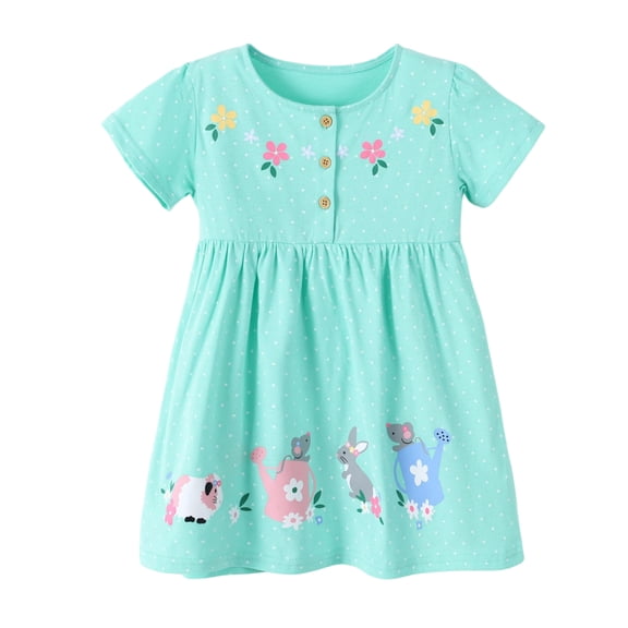 Bobifish Toddler Girls Dress Cartoon Dot Print Short Sleeve Soft Comfort Casual Dress Outdoor Activity Children Girls Dress