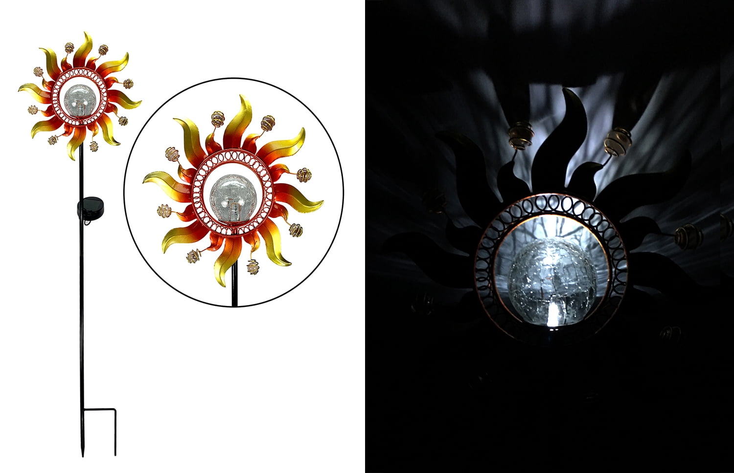 Solar Powered Metal Sunray Garden Stake with White LED Light Glass Crackle Ball