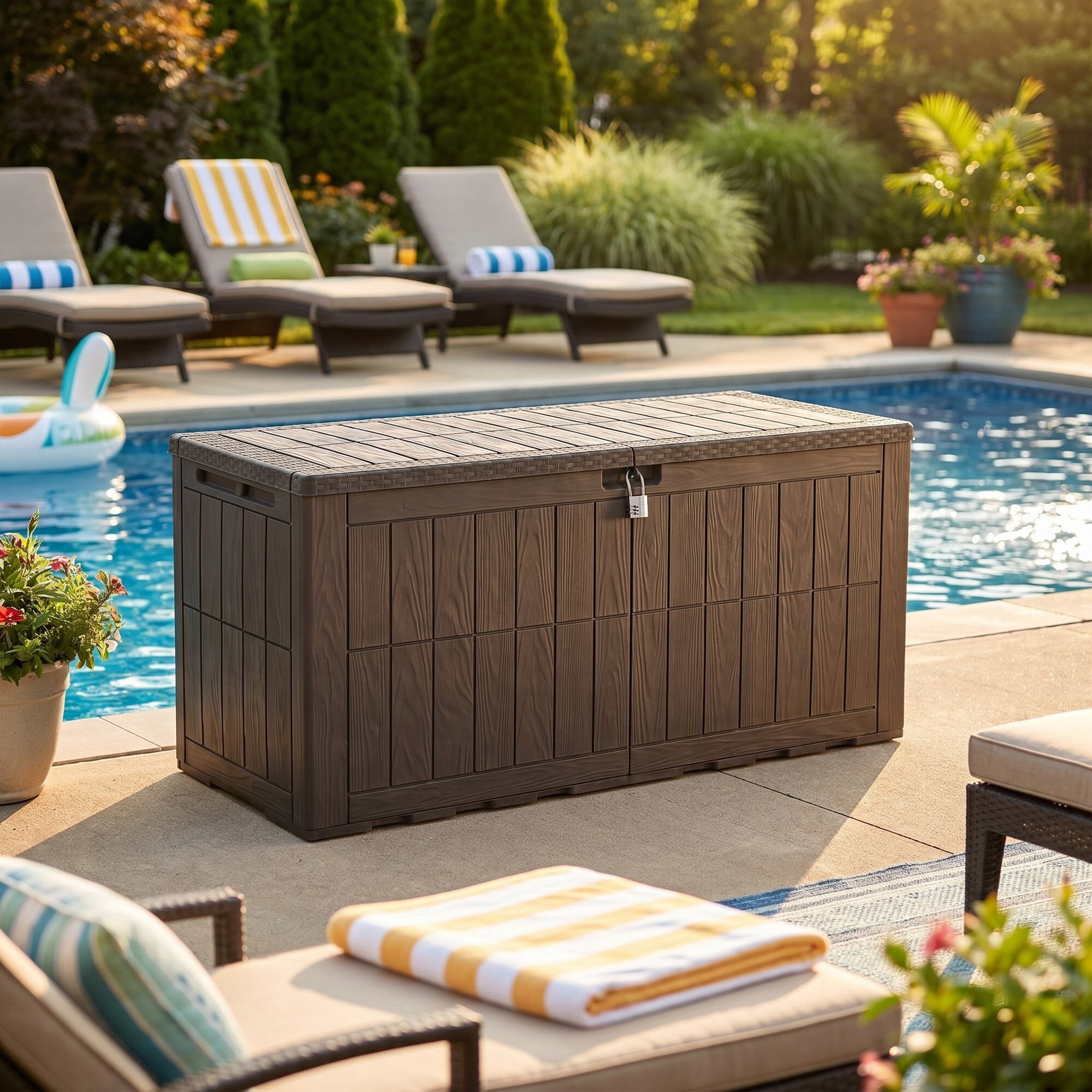 Uforic 134 Gallon Waterproof Outdoor Storage Box with Lock, Resin Deck Box with Hydraulic Support, Weatherproof Storage Bin for Patio Cushions Garden Tools Pool Supplies, Dark Brown