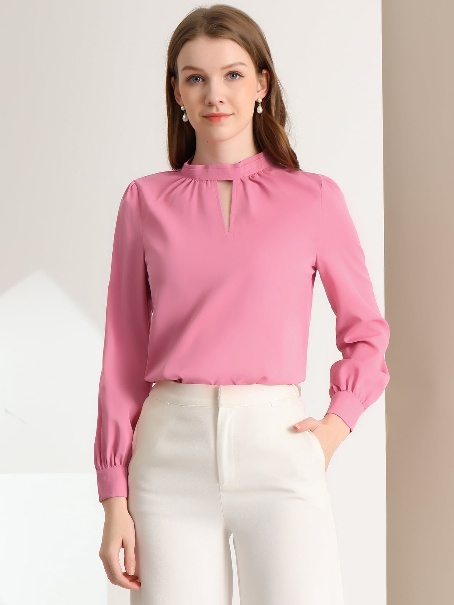 DARING DIVA Women's Stand Collar Long Sleeve Office Blouse M Rose Pink
