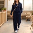 thumbnail image 6 of Szluipve 2 Piece Sets for Women 2 Piece Tracksuit Outfit Striped Side Zip‑Up Collar Jacket & Wide Leg Pants Set Ribbed Knit Casual Loungewear Suit for Daily Vacation Navy 2XL, 6 of 8