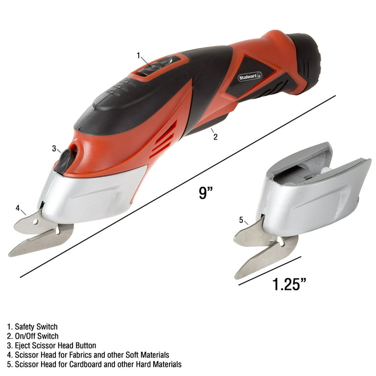 Cordless Power Scissors With Two Blades - Fabric Leather Carpet and  Cardboard Cutter- 3.6V NiCad Lithium Ion Rechargeable Battery By Stalwart  Red 