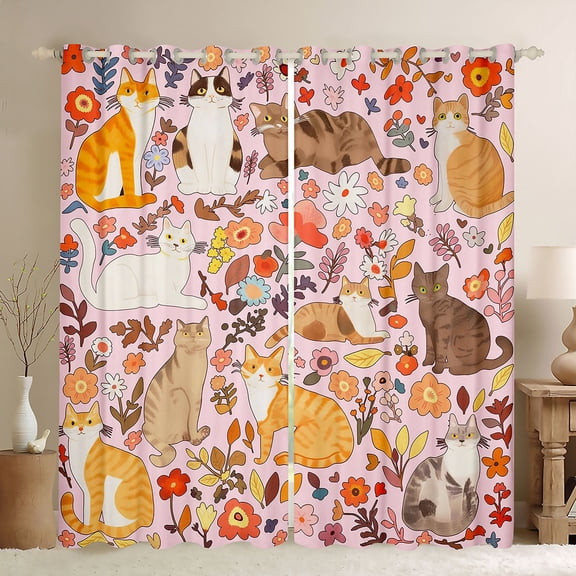 Feelyou Cat Animal Black Out Curtains, Pink Blossoms Curtains Pack of 2 (42x63 Each)