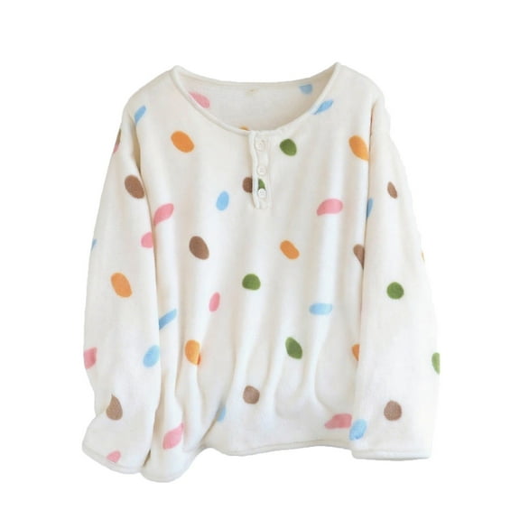 biudgviw Women's Pajama Tops Winter Fleece Fuzzy Button Crew Neck Long Sleeve Loungewear Oversized Warm Thermal Print Sleepwear