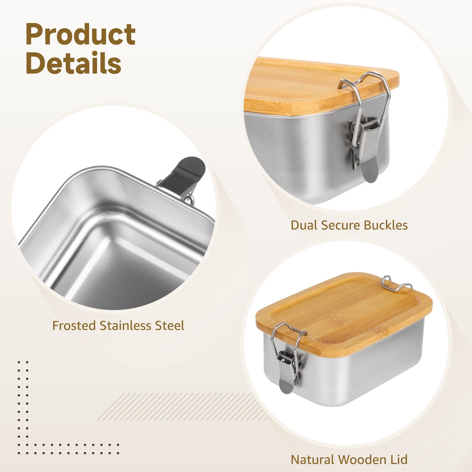 4 Pack 18.6oz Bento Box set with Wooden Lid - Stainless Steel Bento Boxes | Leak-Proof Metal Lunch Containers with Secure Buckles, Reusable for Picnics, Work & Meal Prep