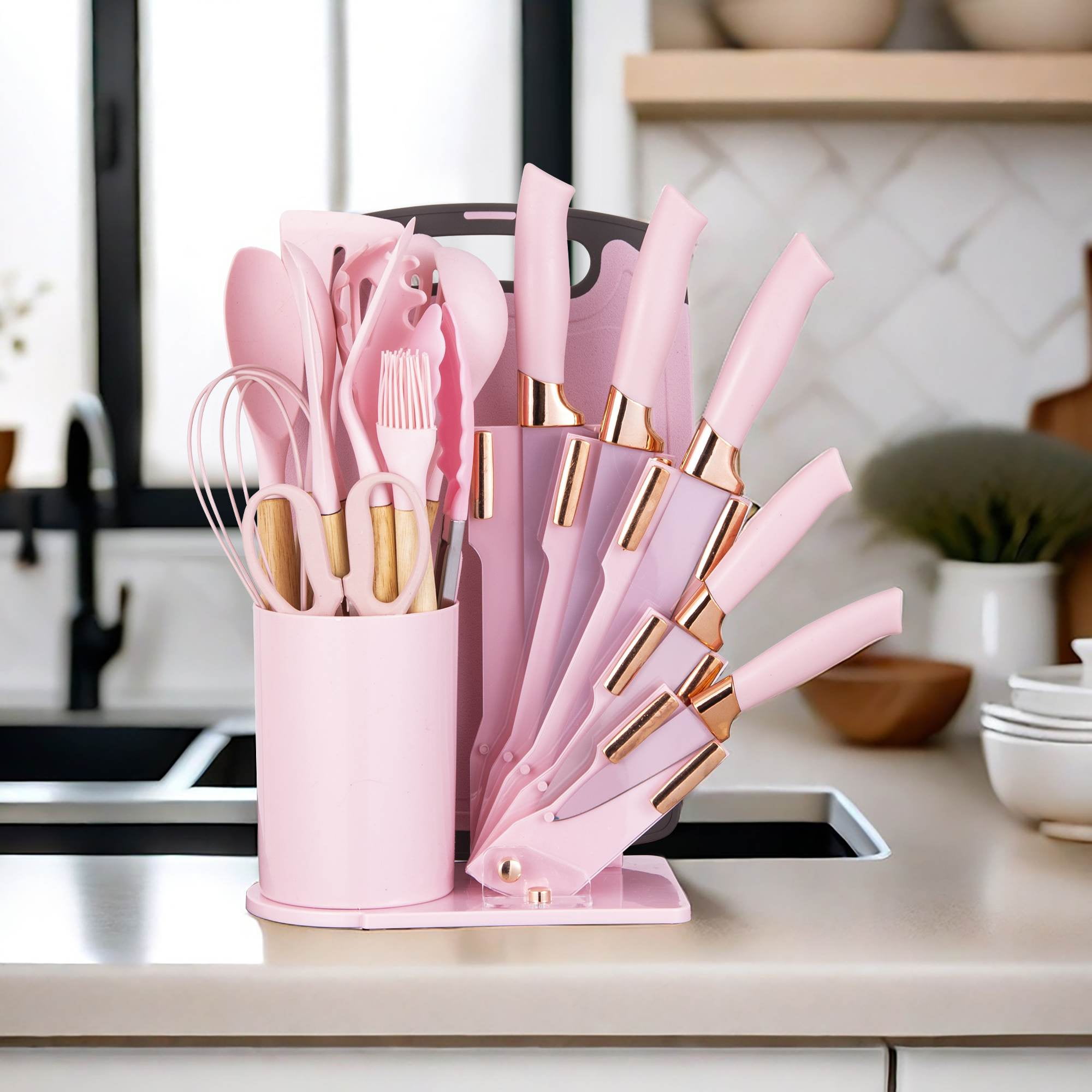 HEESEM 19-Piece Silicone Kitchen Utensil & Knife Set - Heat-Resistant Cooking Tools Non-Stick Safe Gift for Mom or Women Pink