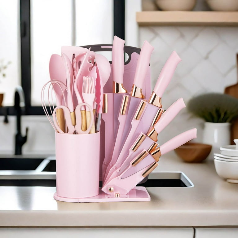 VanderHOME Lot de 11 ustensiles de cuisine en silicone - Anti-adhésif - Résistant à la chaleur - Avec manche en bois - Rose