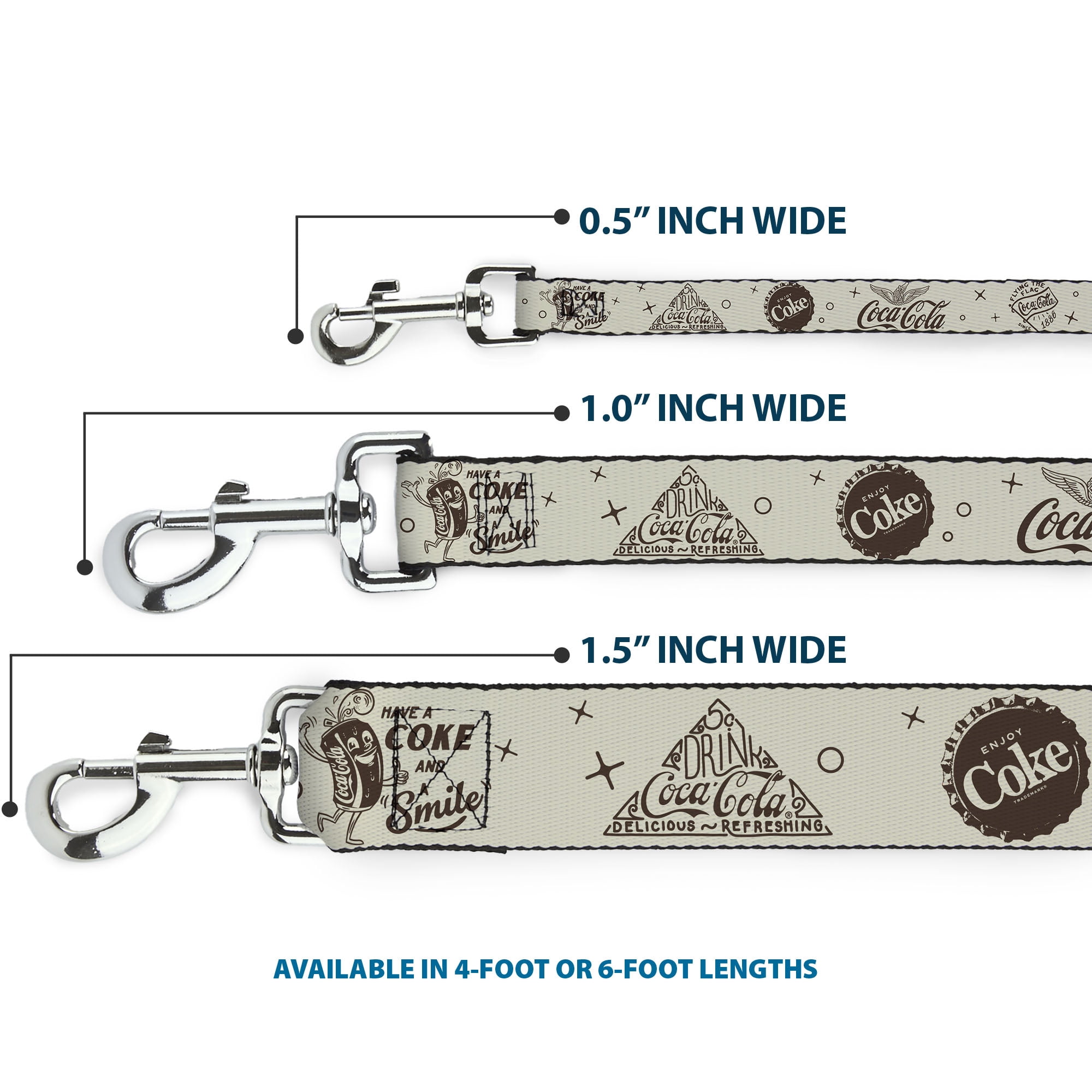 The Coca-Cola Company Pet Leash, Dog Leash, Vintage Coca Cola Coke Icons and Ad Logos White Brown, 6 Feet Long 1.0 Inch Wide