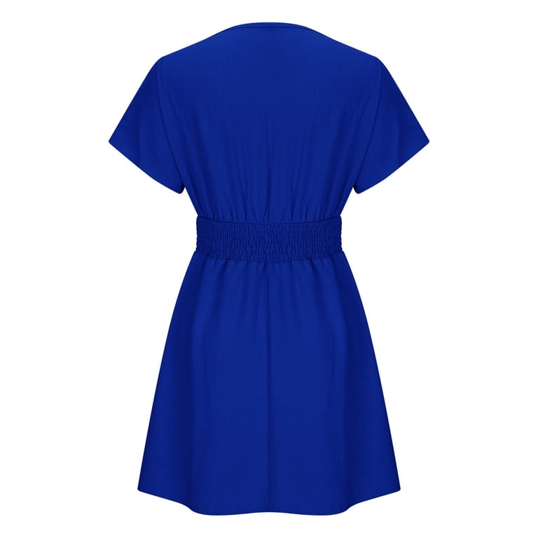 Safuny Women's Mini Blouson Dress Solid Color Beach Clothing Summer Short Sleeve Crew Neck Dress Elegant Casual Comfy Retro Boho Holiday, Size: Small,