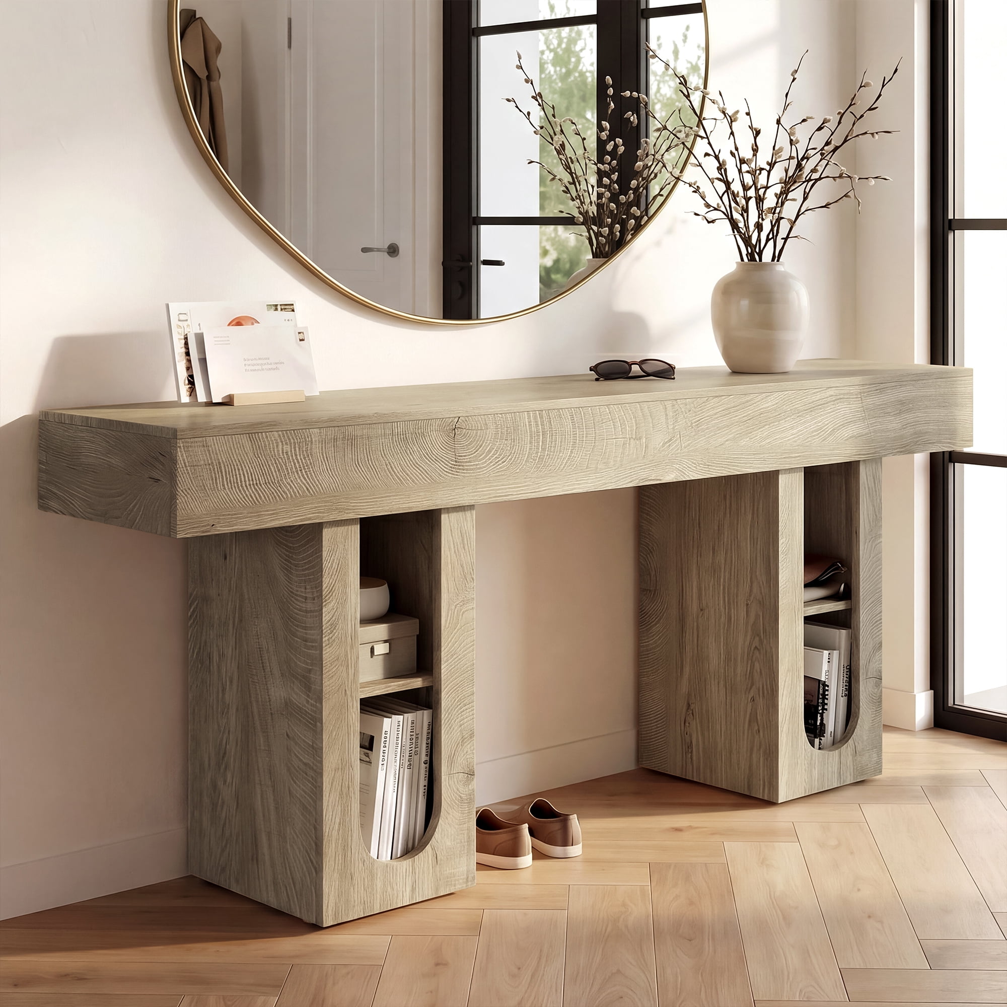 OMCHOM Console Table 63" Farmhouse Wooden Narrow Entryway Table with Power Outlets & Storage Behind Couch Sofa Table for Hallway Bedroom Living Room(Oak)