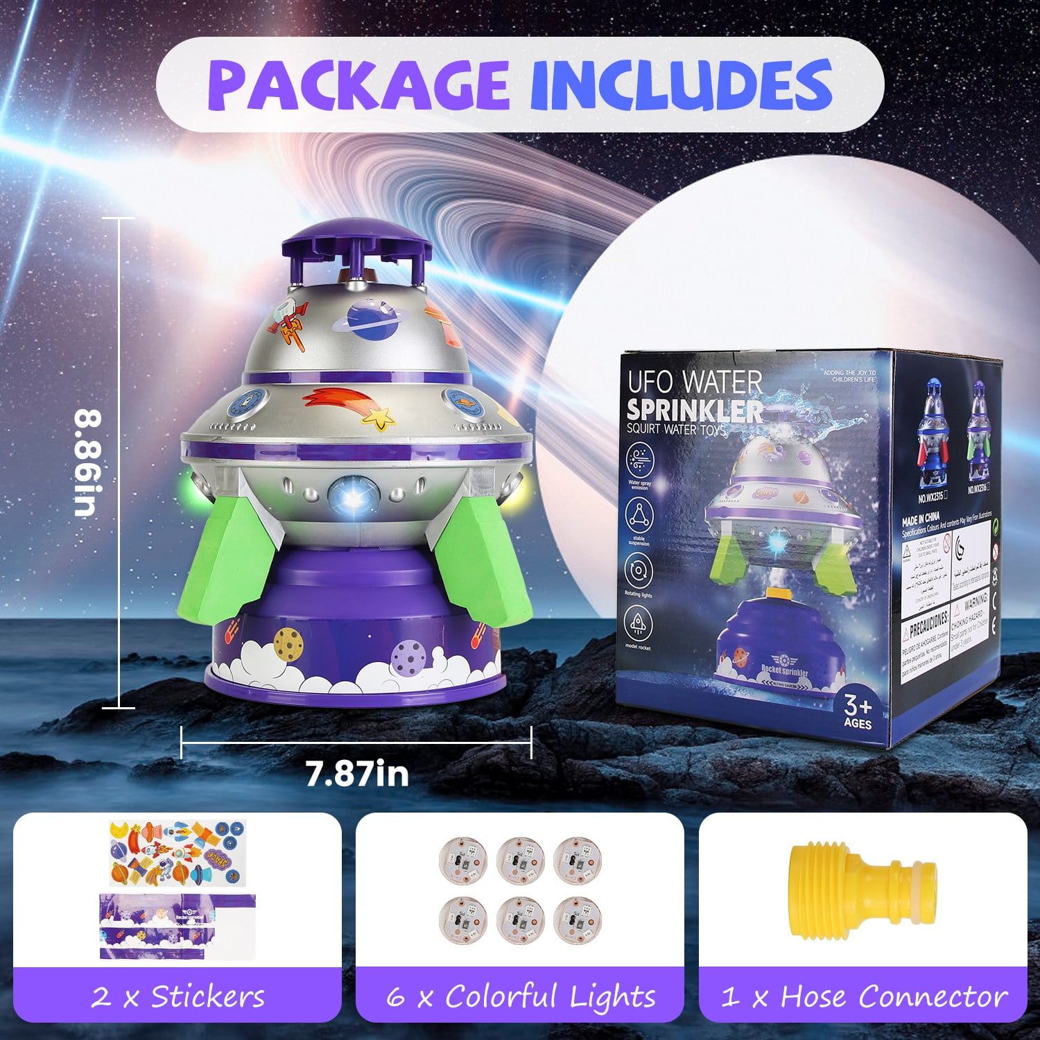 Outdoor Summer  Water Sprinkler With Colorful LED Lights, 360° Spinning  Rocket Toy, 1.64FT To 6.56FT Adjustable Height
