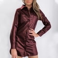 thumbnail image 2 of Women's Faux Leather Shirt Dress Jackets Button Down Lapel Collar Long Sleeve PU Leather Mini Dresses Sexy, 2 of 6
