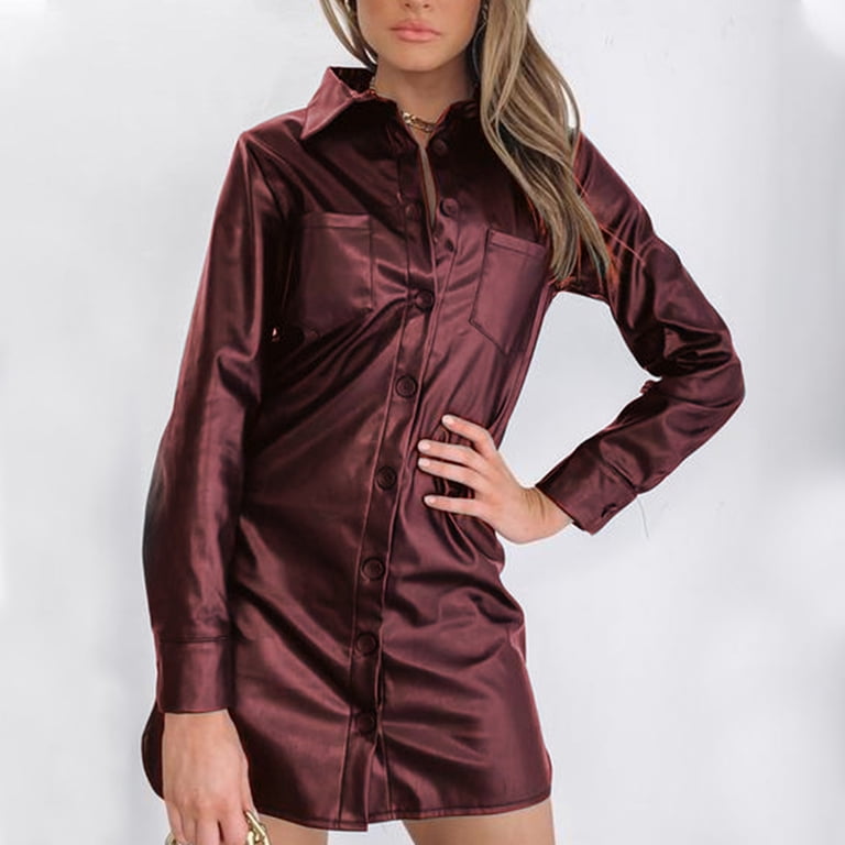 knee length dresses for ladies Dark Red Women Midi Leather Shirt Dress for Mothers Day L / Same As Picture main image 1