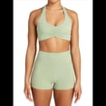 thumbnail image 1 of Conjuntos Entrenamiento para Mujer 2 Piezas,Sujetador Deportivo con Cuello Halter y Arrugas,Pantalones Cortos Ciclista Cintura Alta,Atuendo Yoga para Hacer Ejercicio. Verde M, 1 of 8