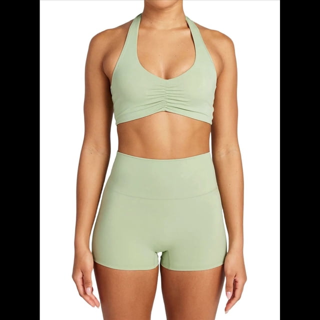 Conjuntos Entrenamiento para Mujer 2 Piezas,Sujetador Deportivo con Cuello Halter y Arrugas,Pantalones Cortos Ciclista Cintura Alta,Atuendo Yoga para Hacer Ejercicio Verde XL