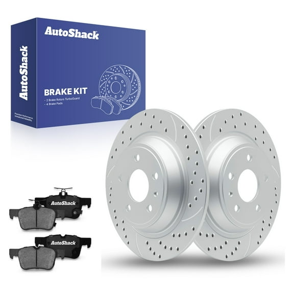AutoShack 11.88" (301.8 mm) Rear Solid Drilled & Slotted Brake Rotors Coated   Ceramic Brake Pads | Replacement for 2013-2020 Ford Fusion | Silver Matte Finish | 6-PC Brake Kit | TurboGuard