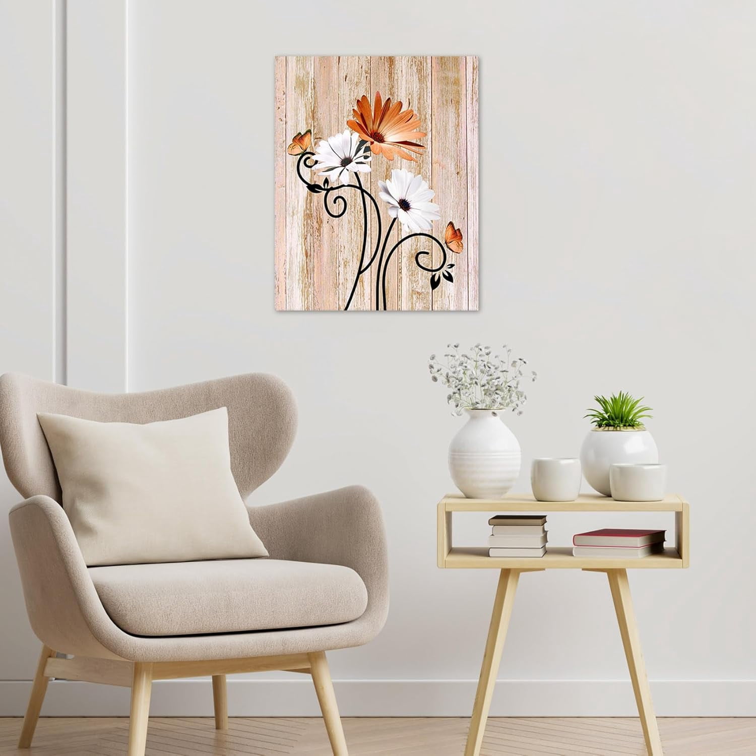 Floral Canvas Wall Art - Daisy & Butterfly Botanical Wall Decor, Rustic Farmhouse Pictures for Living Room, Bedroom, Bathroom & Home Office