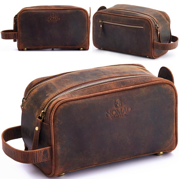 King Size Premium Leather Travel Toiletry Bag for Men and Women - Water-Resistant Dopp Kit - Mens Bathroom Bag, Shaving & Cosmetic Organizer - Mens T