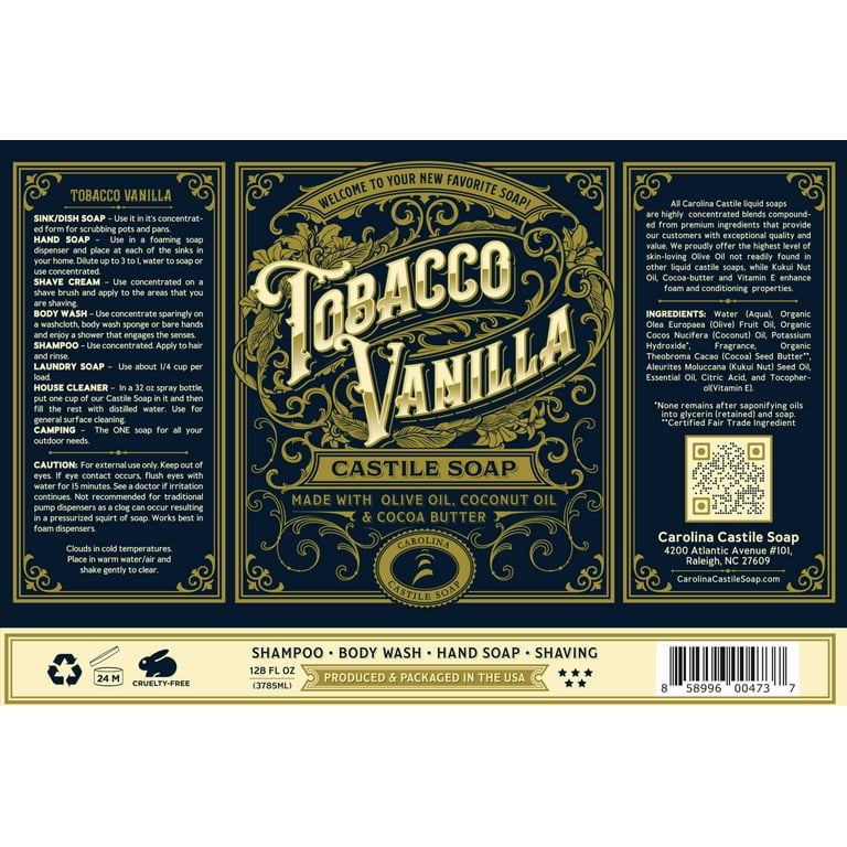 tobacco vanille soap Organic Vegan Tobacco Vanilla Castile Soap - 1 Gallon Pure & Non-Drying -  All Skin Types