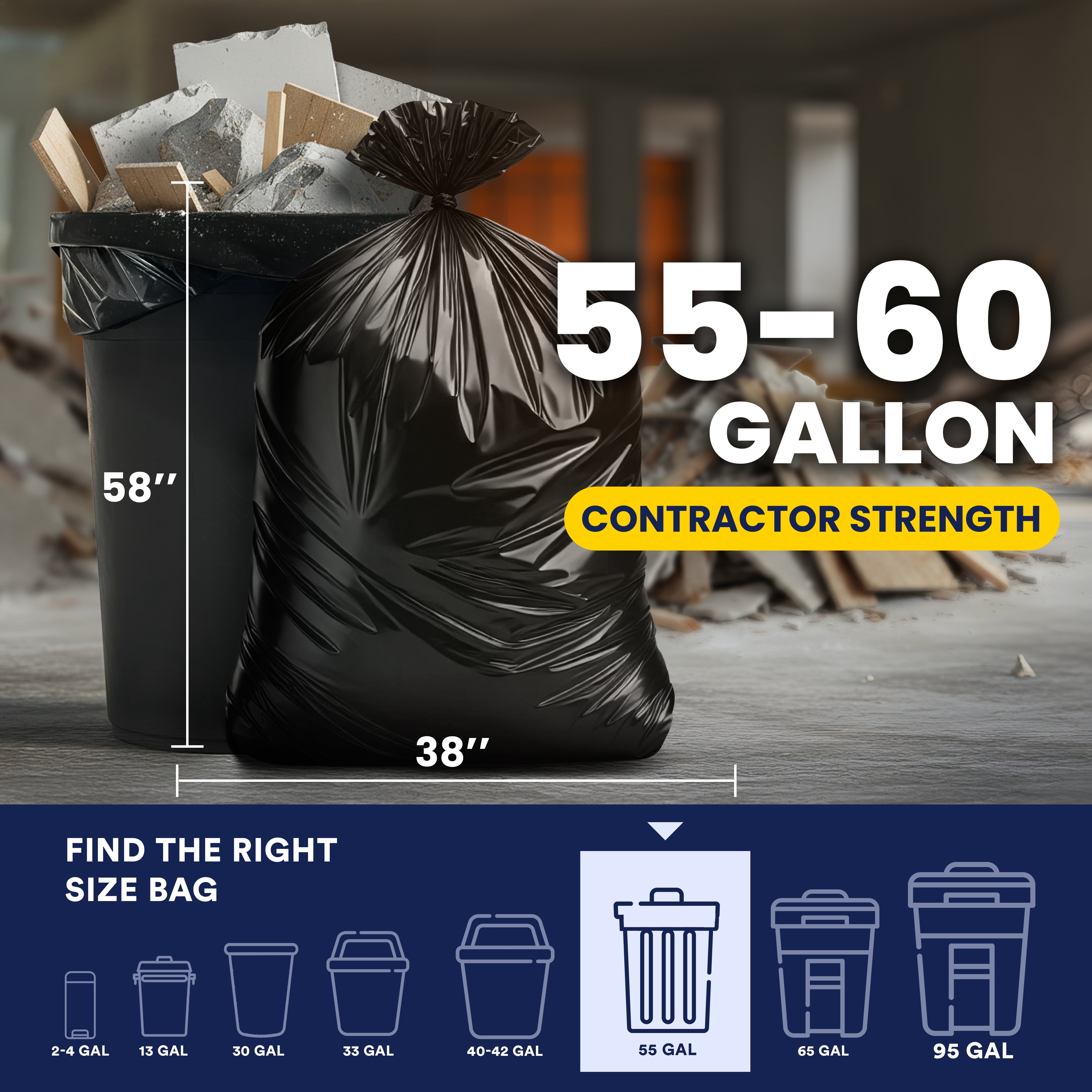 Plasticplace Contractor Garbage Bags: 55 Gallon Trash Bags Heavy Duty, Big Black Trash Bags, 38"x58", 4.0 Mil, Pack of 32