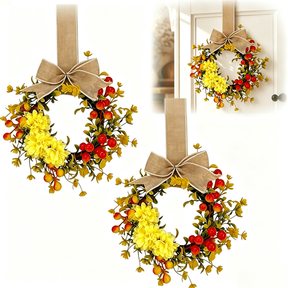 2 Pack 9" Mini Eucalyptuss Wreath Artificial Spring Wreath for Front Door, Farmhouse Kitchen Cabinet with Ribbon Bows for Porch Wall Window Decor,Gifts for Autumn Halloween(RL)