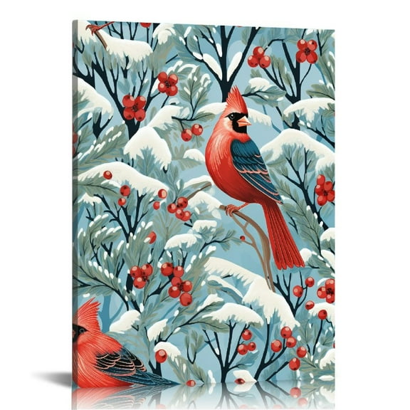 Nawypu Canvas Wall Art Prints Light Up Cardinal and Berries Artwork Winter Scene Picture for Holiday Decor