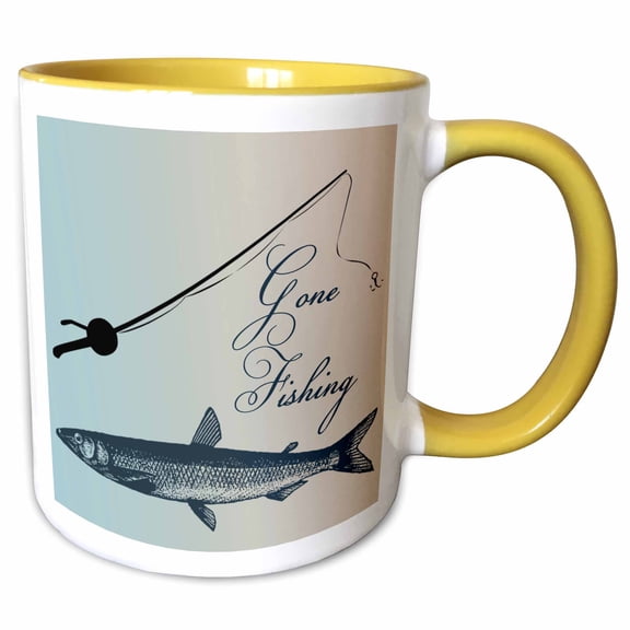 3drose, Gone Fishing Fish with Pole- Beach Theme Art, 15oz Two-tone Yellow Mug