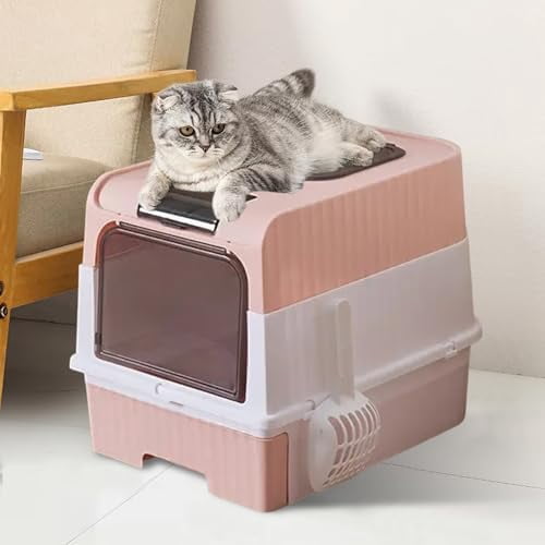 Cat Litter Box, Enclosed Removable Litter Boxs for Big Cats, Front Entry Top Exit Kitty Box Odor Control (Pink)