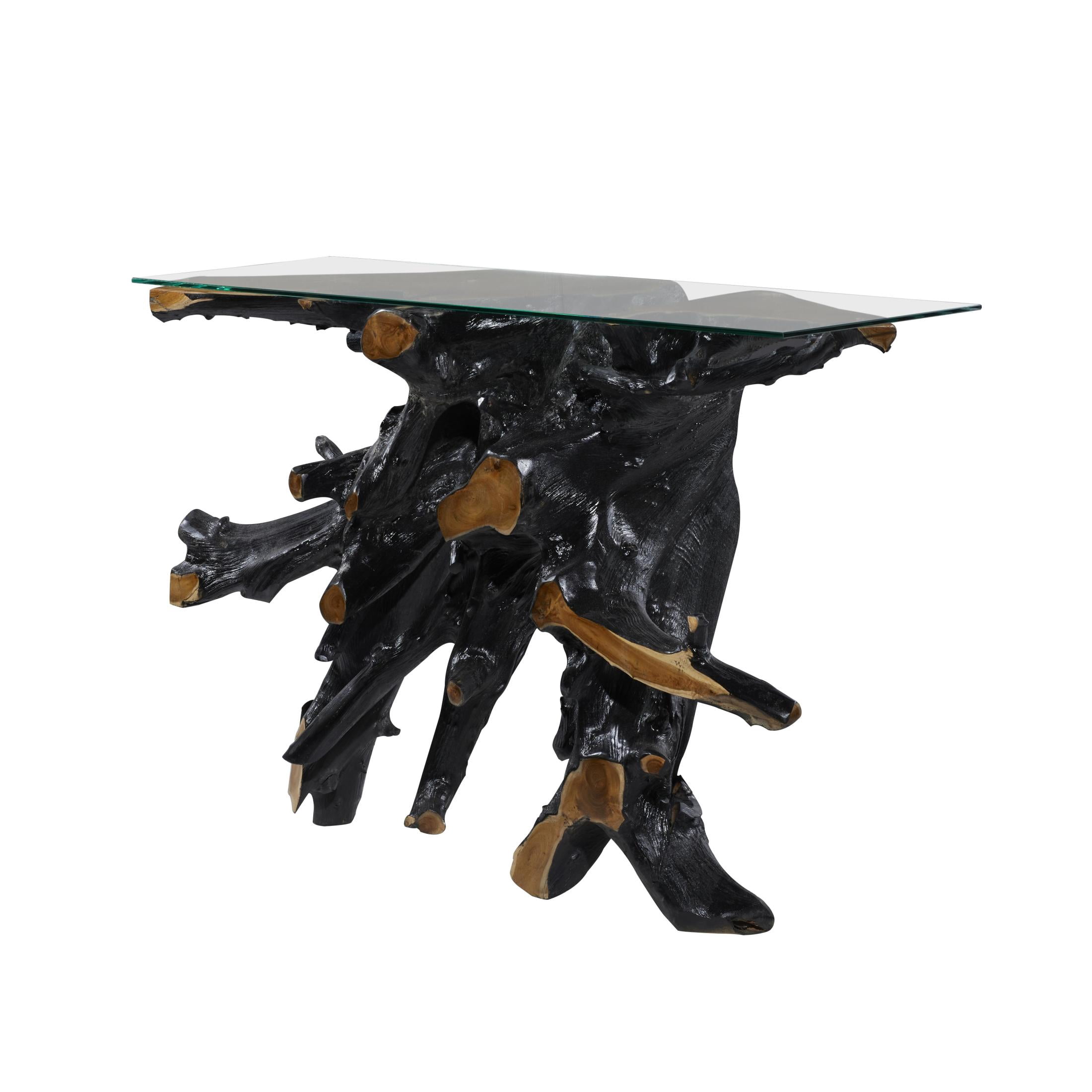 DecMode 49" x 32" Black Teak Wood Handmade Live Edge Tree Stump Console Table with Clear Glass Top, 1-Piece
