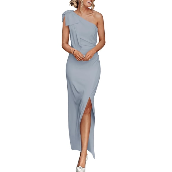 Vestido PRETTYGARDEN Maxi Gris Azul con Un Hombro y Fruncido Talle L