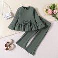 thumbnail image 2 of Odeerbi 2-5 Years Toddler Girls Cotton Outfits Ruffle Long Sleeve Tops Flared Pants Two-piece Set Bow Solid Color Casual Loungewear Toddler Girls Clothes, 2 of 9