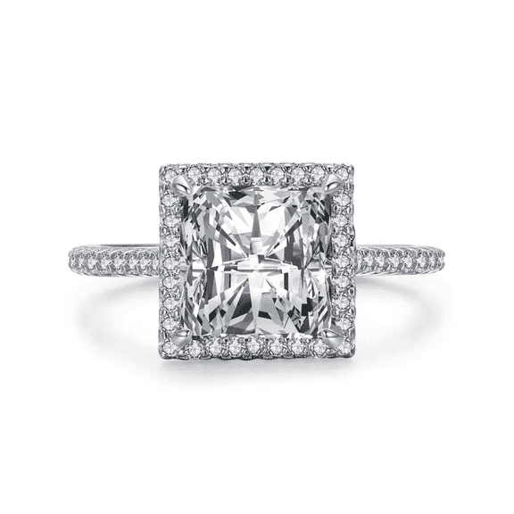 CAUER 14K White Gold Plated Princess & Round Moissanite Halo Ring for Women – Statement Jewelry Gift with Certificate & Lifetime Warranty