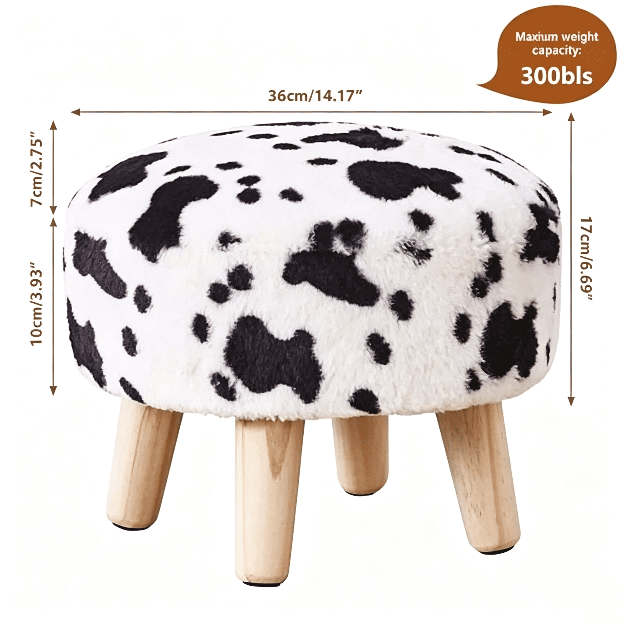 Round Mushroom Footstool Ottoman, Rabbit Wool Upholstered Small Stool with Solid Wood Legs, Cute Shoe Changing Stool, Step Stool, Sofa Footrest for Living Room & Bedroom Cow
