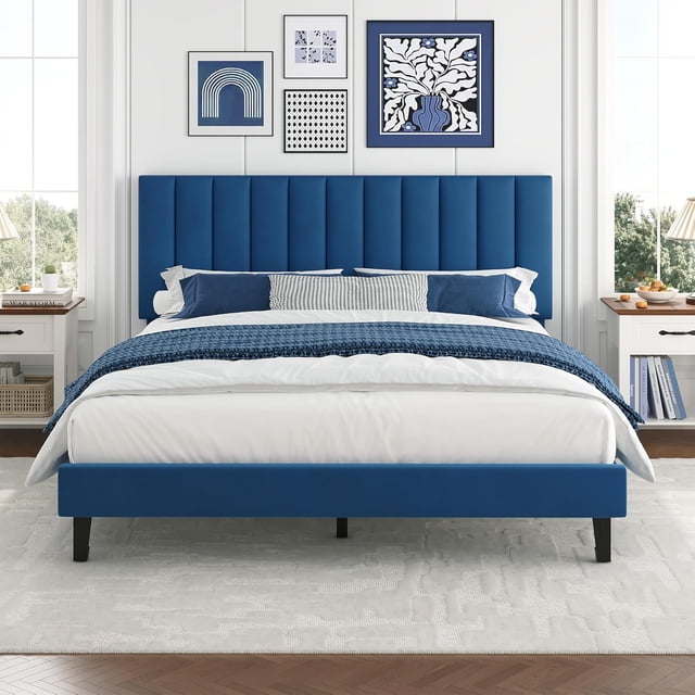 Queen Size Bed Frame, Velvet Upholstered Platform Bed with Adjustable Vertical Channel Tufted Headboard, No Box Spring Needed, Easy Assembly, Navy Blue