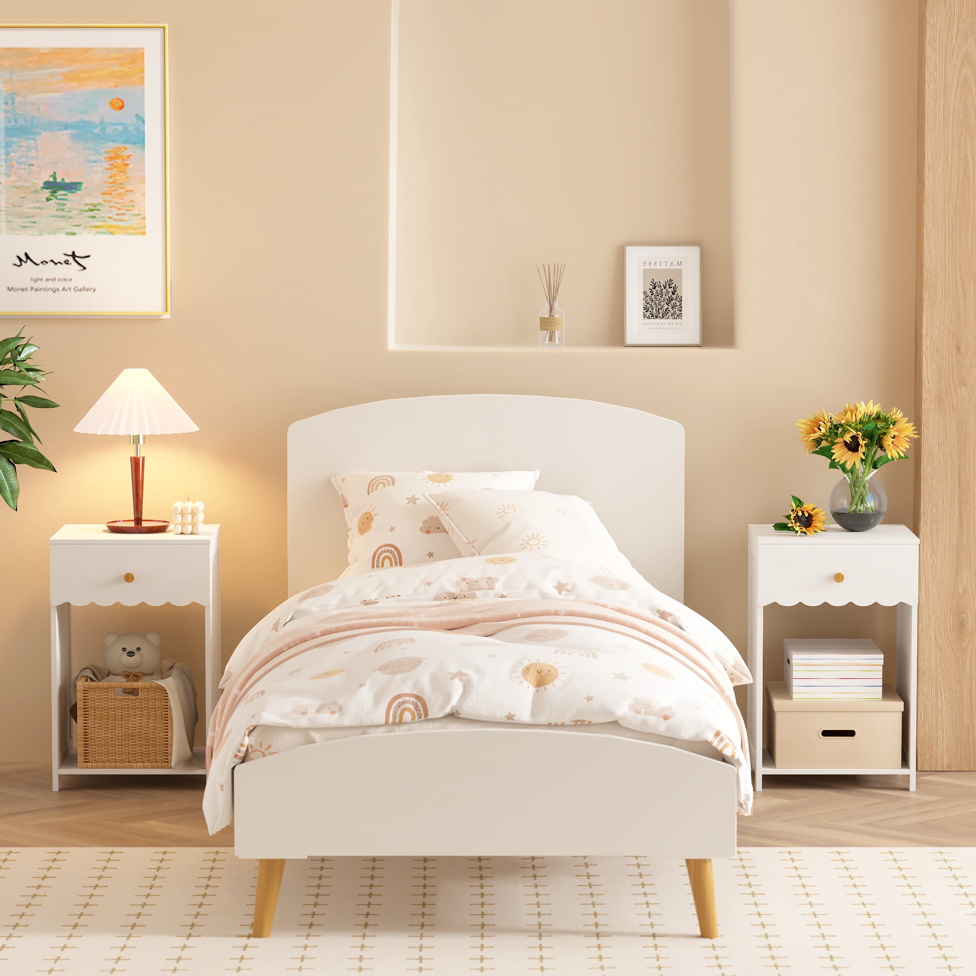 Yoneston 2 Pcs Elegant Nightstand with Drawer and Open Shelf Storage for Bedroom Kid's Room Bedside, White