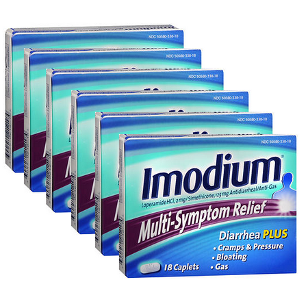 Imodium Relief Multi-Symptom caplets 18 caplets pack de 6