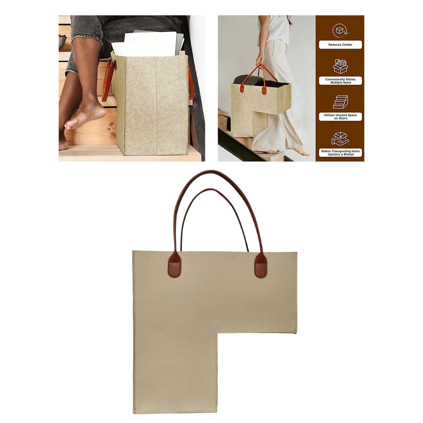 Menolana Stair Basket for Carpeted Stairs and Wooden Stairs, Felt Staircase Storage Organizer with Handles for Laundry, Toys beige