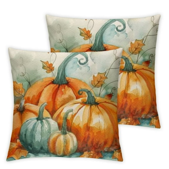 BANET Fall Pillow Covers Set of 2 Farmhouse Orange Blue Pumpkins Decorative Outdoor Throw Pillows Thanksgiving Autumn Square Cushion Case for Sofa Bed Couch Home Fall Decor 12x12in