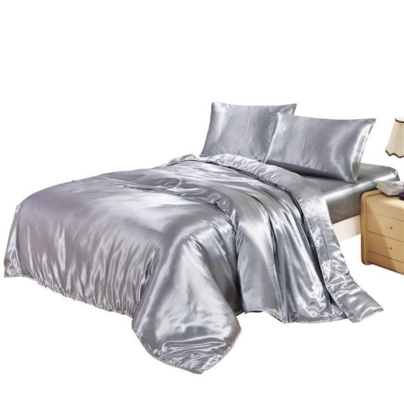 DREFEEL Duvet Cover Set King Size Silky Satin Microfiber Solid Silver Grey Bedding with Hidden Zipper Ties Soft Reversible Stain Soft Hotel Quality Quilt/Comforter Cover Set