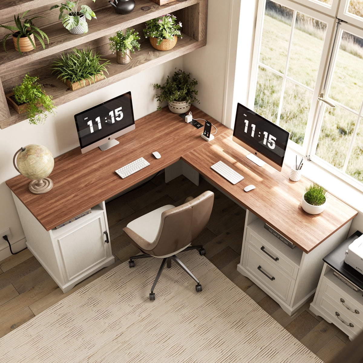 Homieasy L Shaped Executive Desk with File Drawers and  Power Outlets, Home Office Table with Storage Cabinet, Sturdy Writing Desk, White and Brown