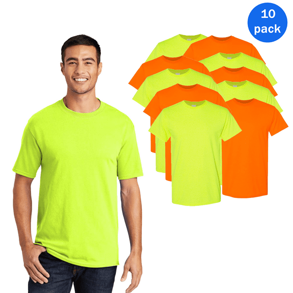 Gildan - Safety Green, Orange Hi-Vis Crew Neck T-Shirt | 5.3oz Durable Work Shirts for Arts and Crafts, Sizes S, 10-Pack