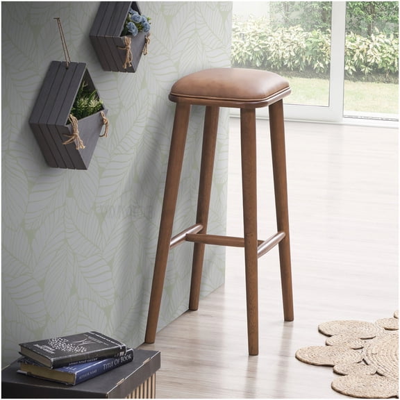 Modern PU Leather Bar Stool with Solid Wood Base, Backless Counter Stool for Kitchen Island, Brown and Light Tan Upholstery